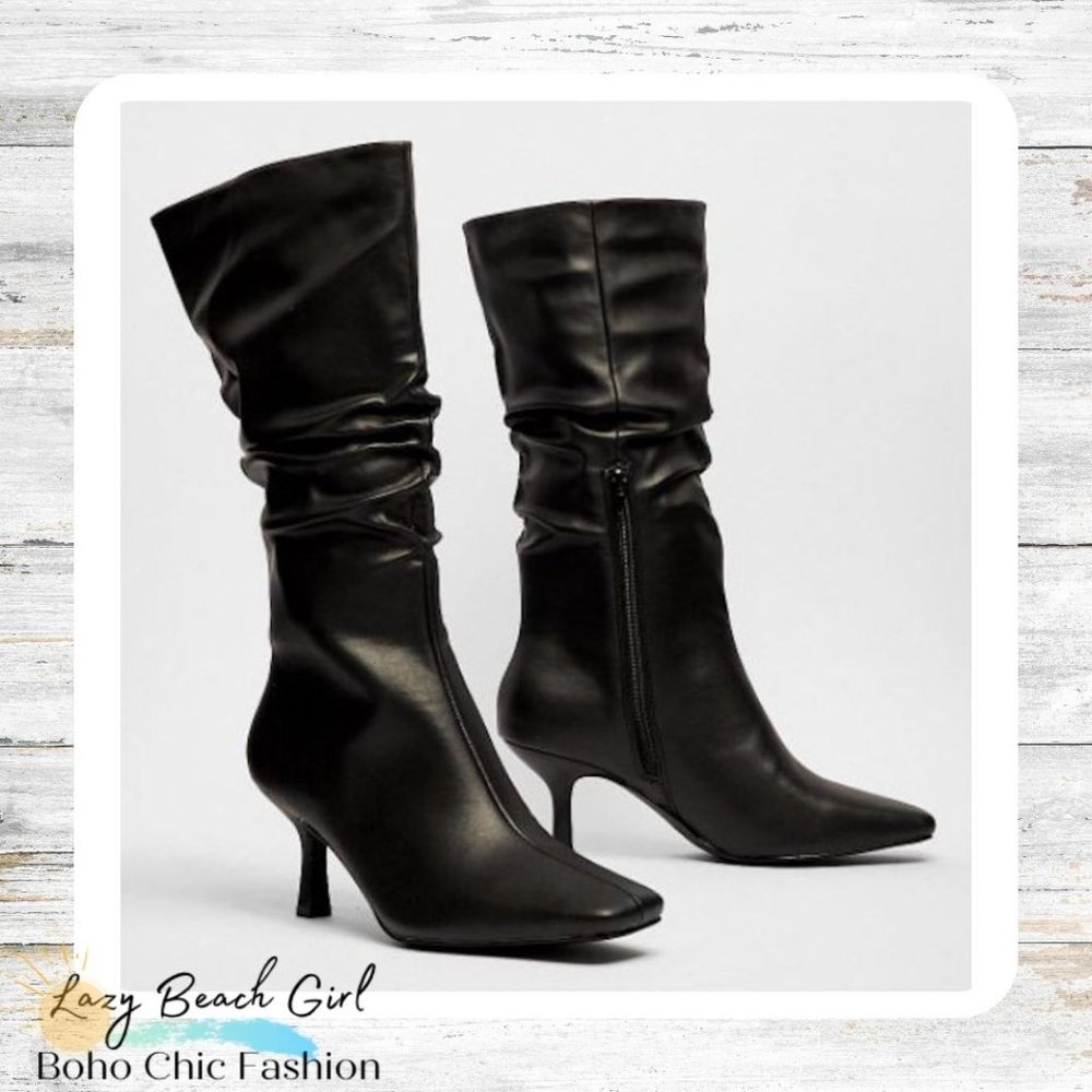 Slouchy Calf-High Heeled Boots